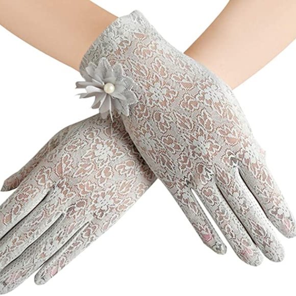 Grey Lace, Summer Wedding Driving Touch Screen Gloves, Flower Detail. Medium - Picture 1 of 9